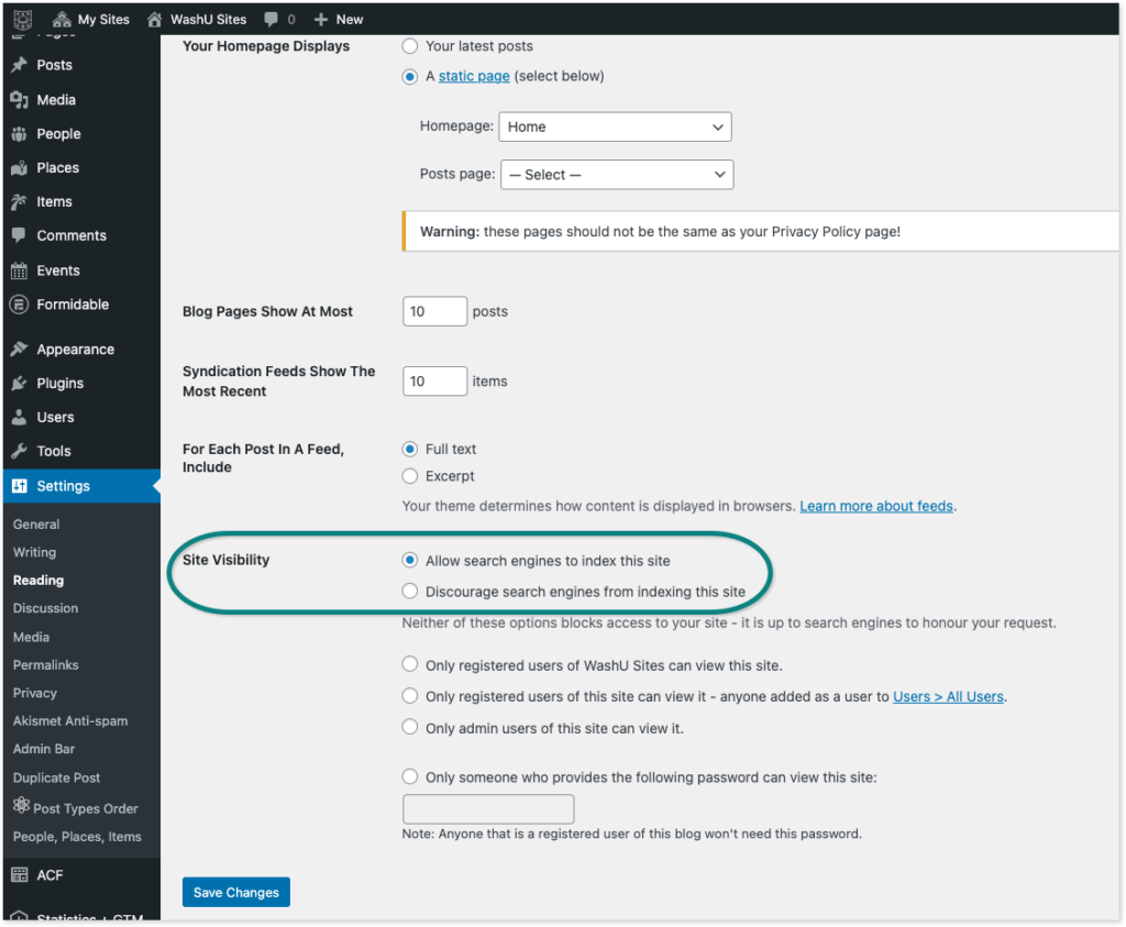 Site Visibility settings