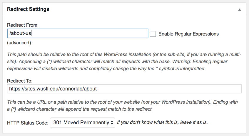 Screenshot shows the following settings: Redirect from = /about-us . Redirect to = https://sites.wustl.edu/connorlab/about/ .