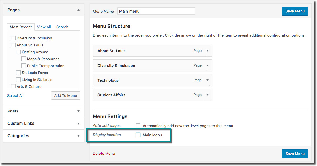 Screenshot shows location of "Display location" checkbox below Menu Structure.