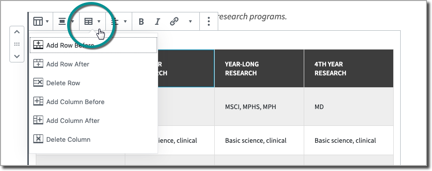 Screenshot showing edit table dropdown in table settings toolbar