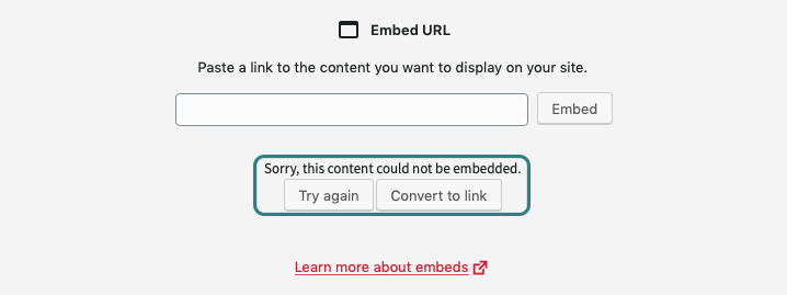 Error message: "Sorry,, this content could not be embedded." 