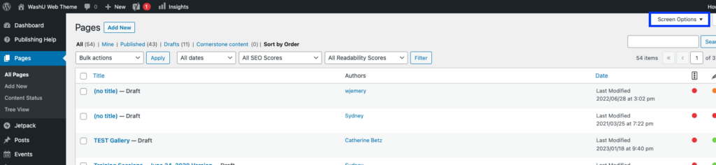 Screenshot showing the Pages view in WordPress with Screen Options circled