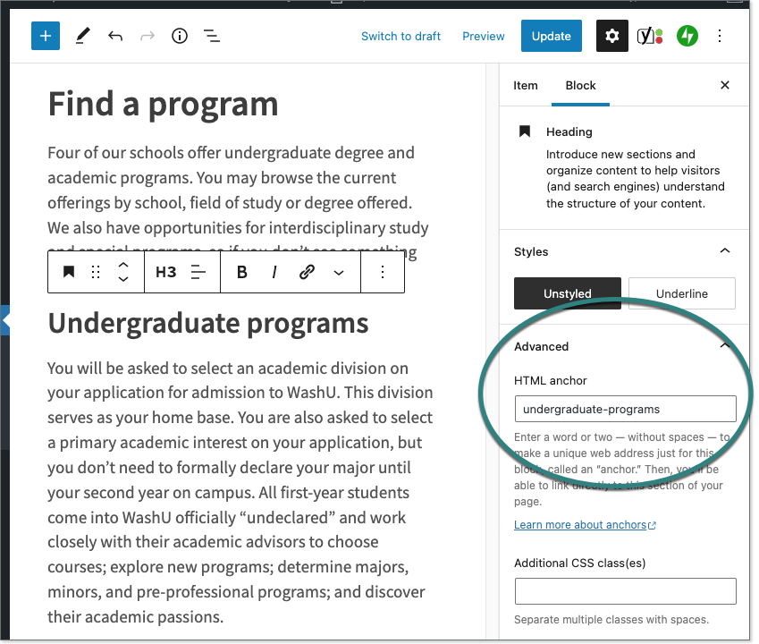 Screen capture shows the HTML anchor field under the advanced section of the block editor