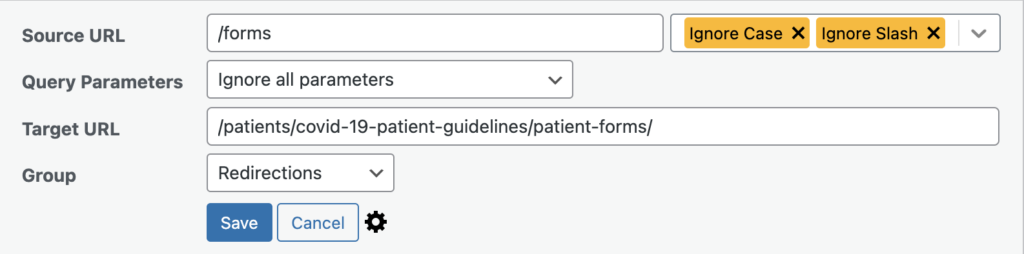 Screenshot showing completed Source and Target fields for redirect.