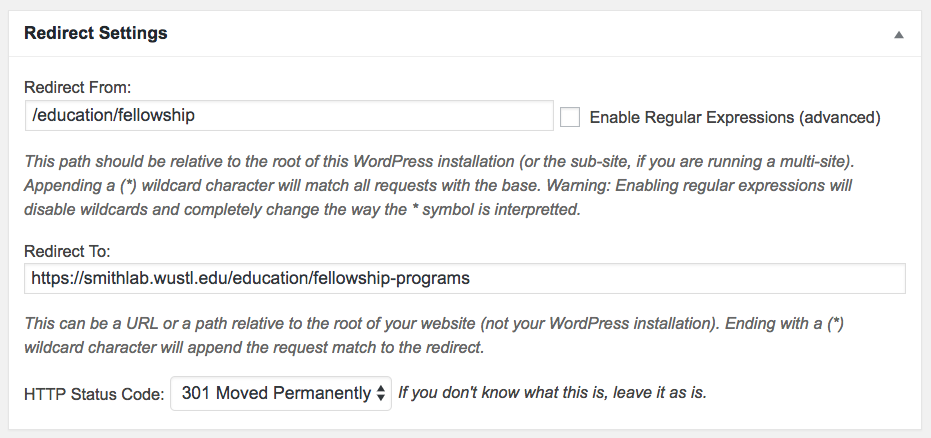 Screenshot shows the following settings: Redirect from = /education/fellowship . Redirect to = https://smithlab.wustl.edu/education/fellowship-programs/ .