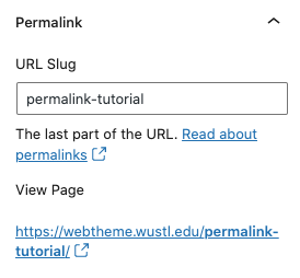 Screen capture showing where to edit a URL slug in WordPress