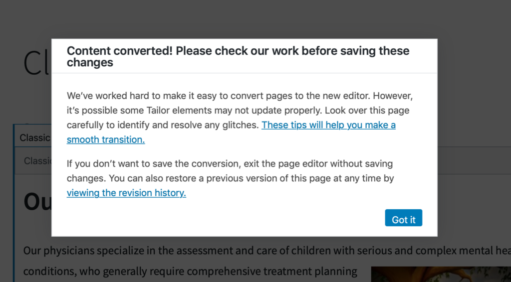 Pop-up message that says, "Content converted! Please check our work before saving these changes."