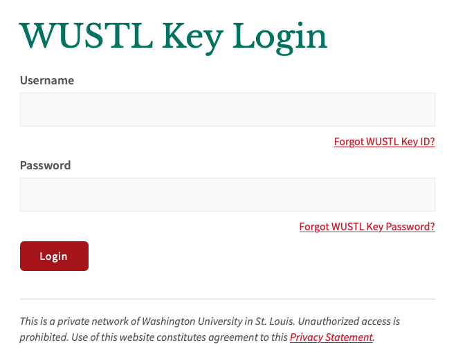 Screen capture showing the WUSTL Key login screen