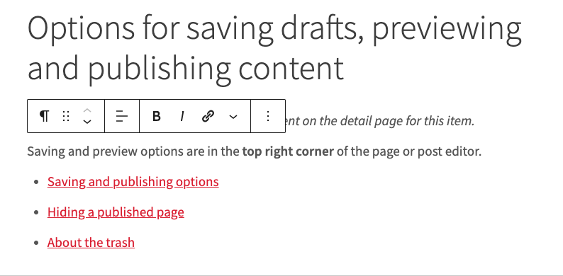 Screenshot of the WordPress page editor with the top toolbar disabled.