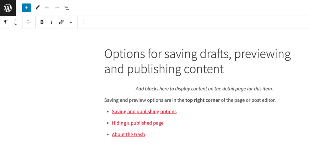 Screenshot of the WordPress page editor with the top toolbar enabled.