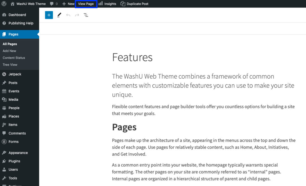 Screenshot showing the admin toolbar WordPress with the View Page option circled.