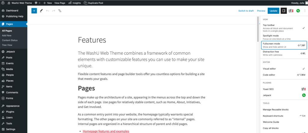 Screenshot of the WordPress page editor with full screen mode disabled. 