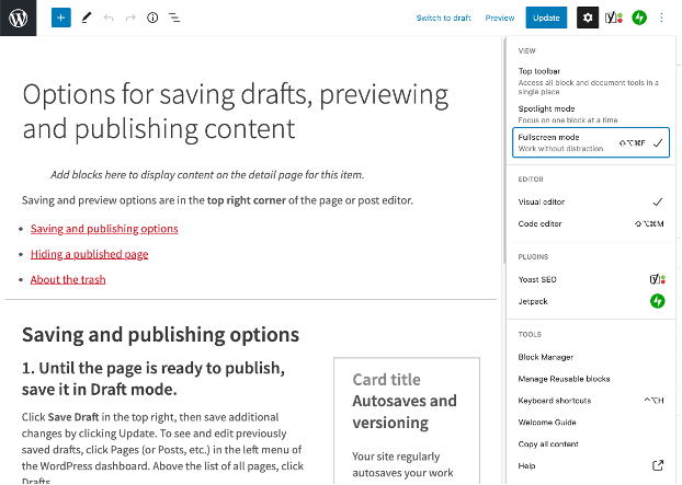 Screenshot of the WordPress page editor with full screen mode enabled.