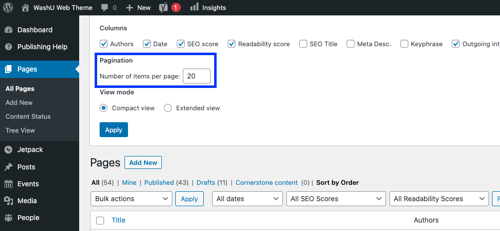 WordPress showing the Screen Options for Pages with the Pagination section circled